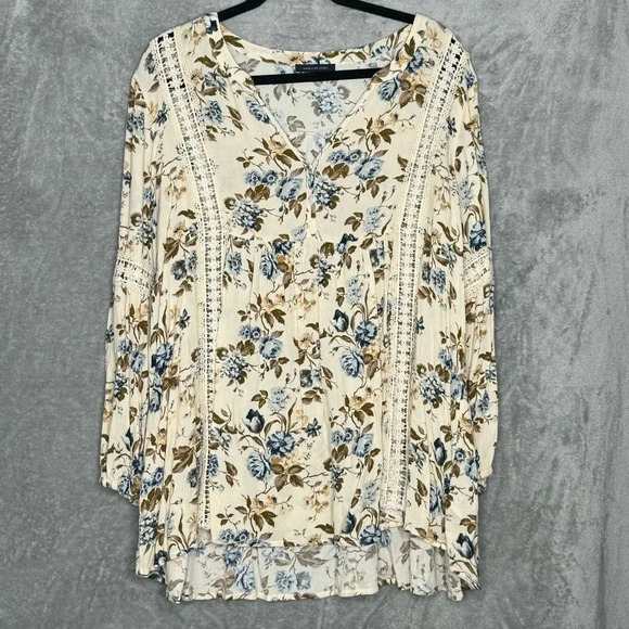 American Eagle Medium Shirt Top Tan Brown Floral 3/4 Sleeve V Neck High Low Knit - Picture 1 of 8